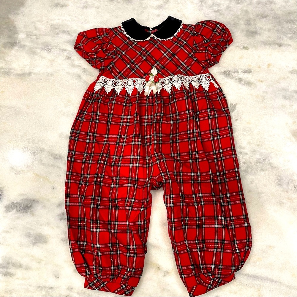 Vintage Rose Cottage Romper Plaid Holiday Christmas
